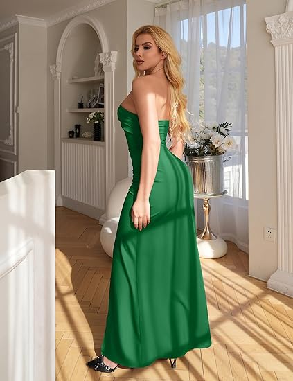 Women's Elegant Strapless Bodycon Ruched Ruffle High Split Long Formal Evening Dress
